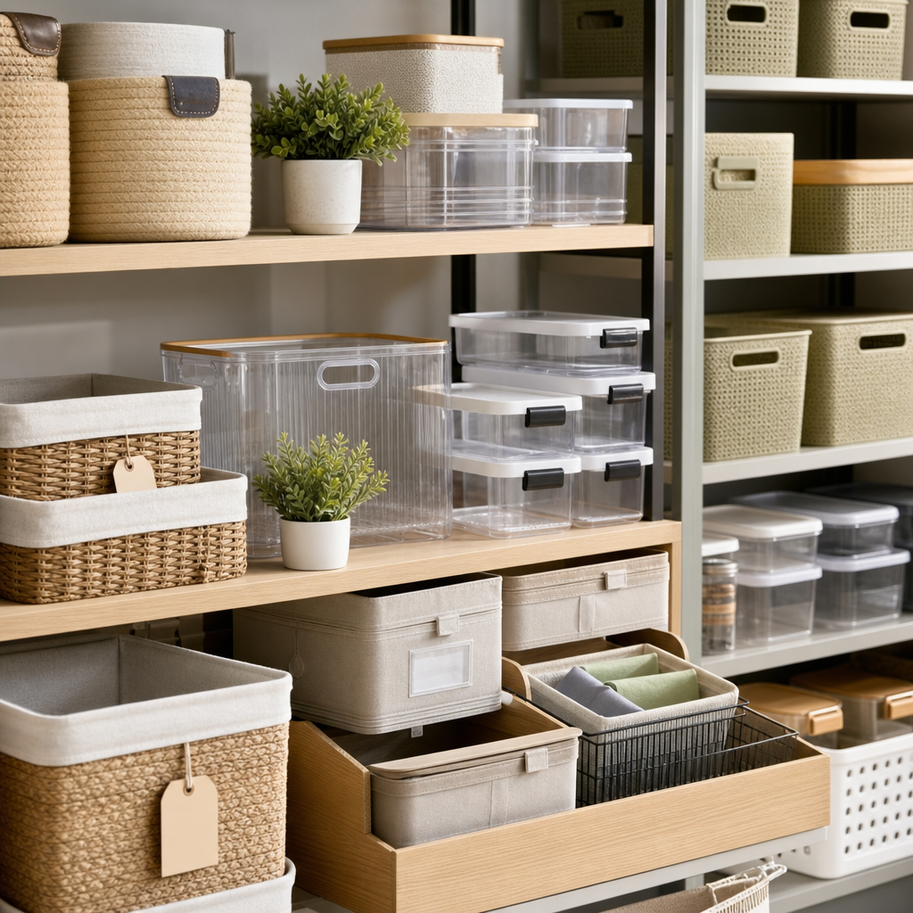 Home storage organizer assortment with woven baskets, clear containers, and labels on shelving for bulk retail display