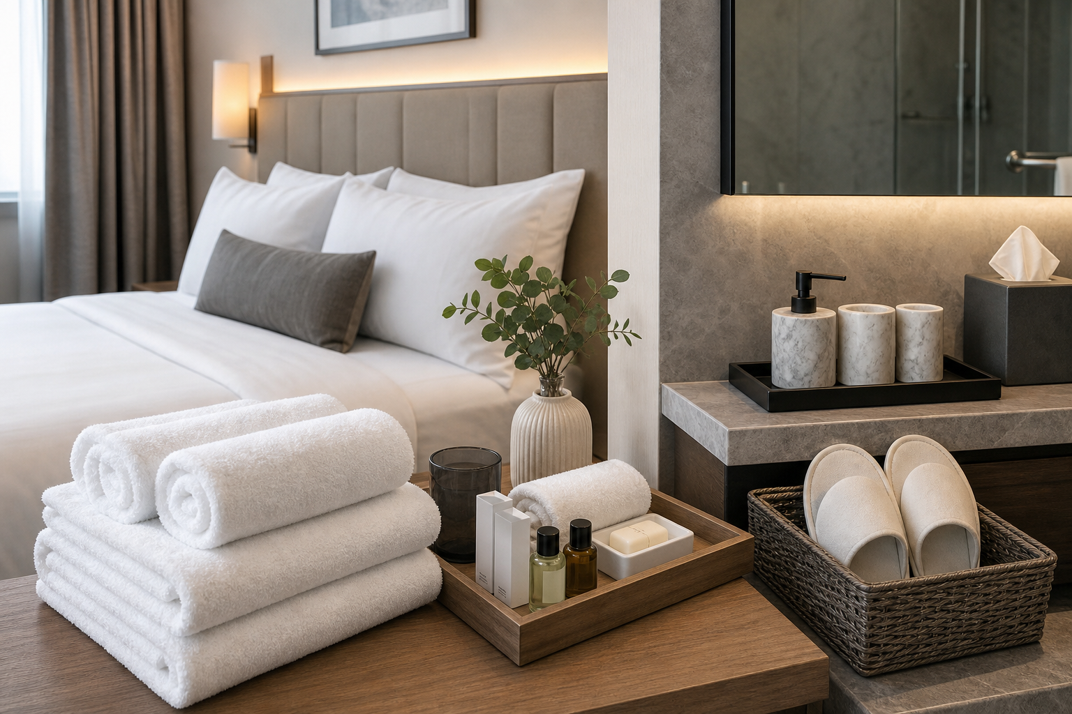 Hotel bathroom and guest room set with coordinated towels, amenities, and storage trays