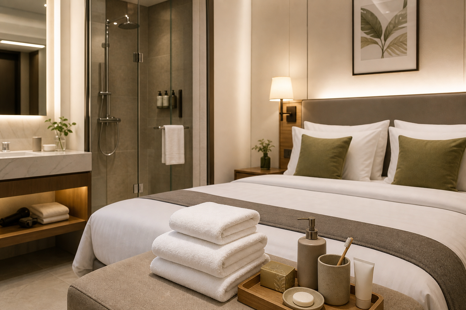 Hotel guest room with neatly arranged bedding, towels, and bathroom accessories