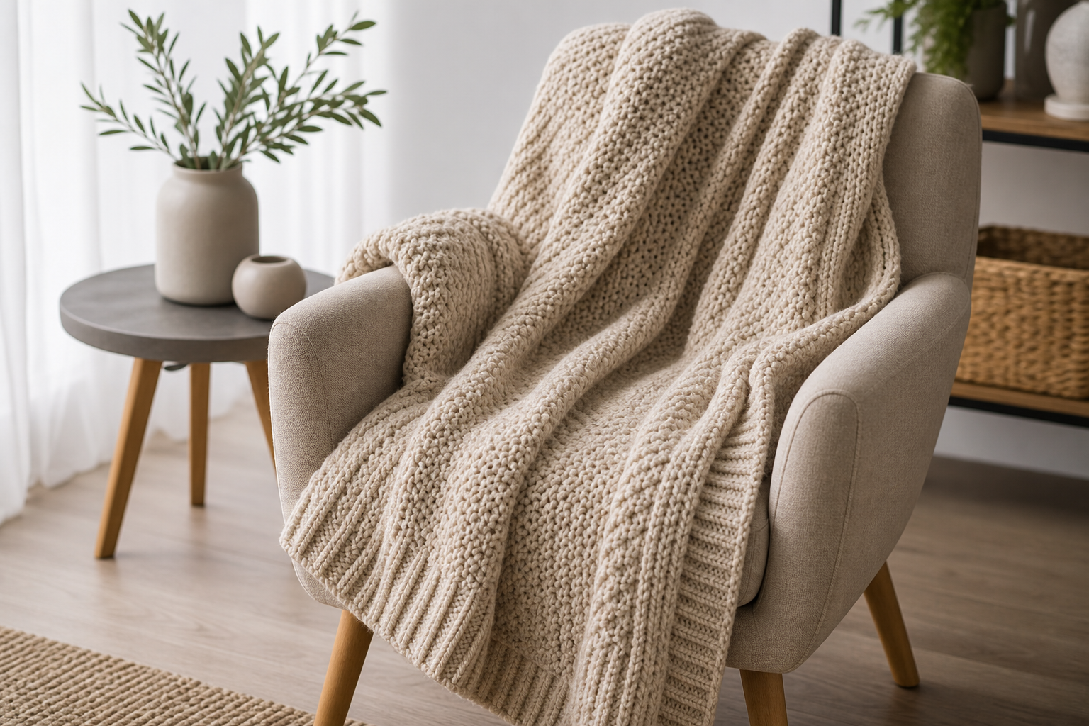 Chunky knit decorative throw blanket in oatmeal color on an armchair