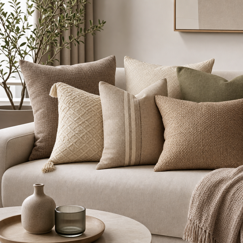 Assortment of neutral decorative cushions on a modern sofa