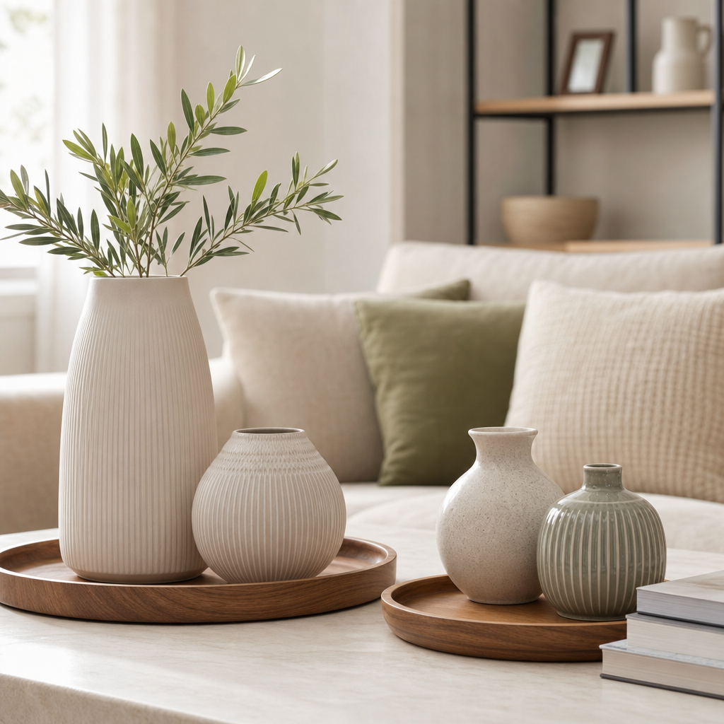 Minimal ceramic vases and wooden trays on a light coffee table