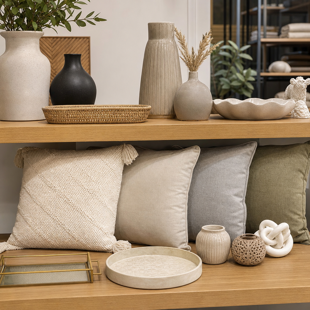 Living room decor products including neutral cushions, ceramic vases, and decorative trays arranged on a wooden display shelf