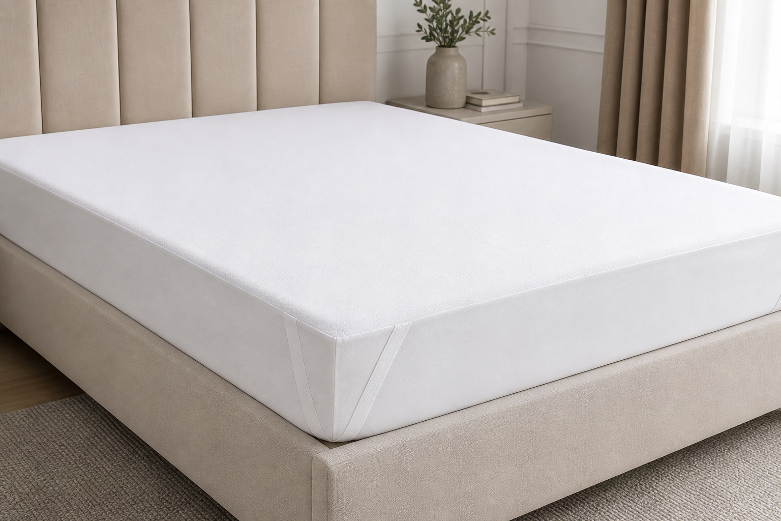 White mattress protector cover fitted neatly on a mattress with elastic corners