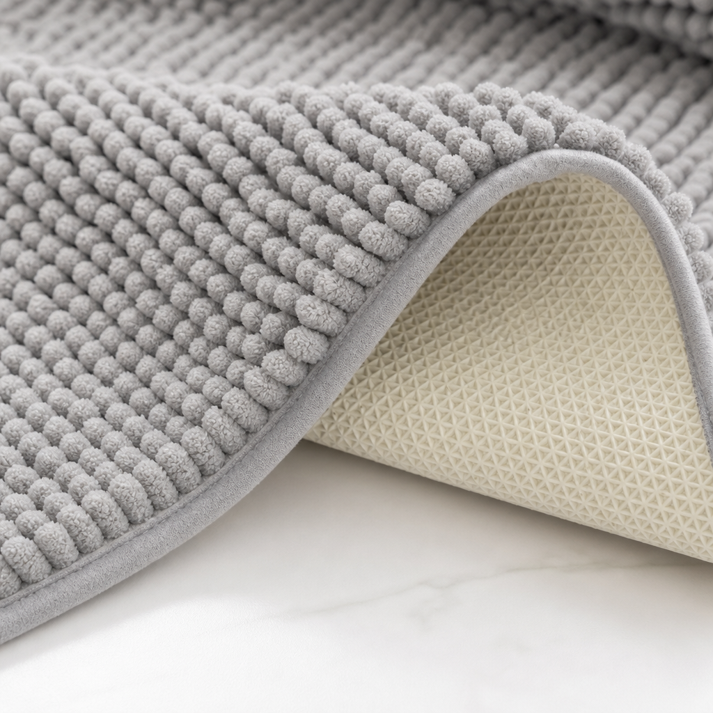 Close-up of a textured non-slip absorbent bath mat and shower mat in light gray with anti-skid backing