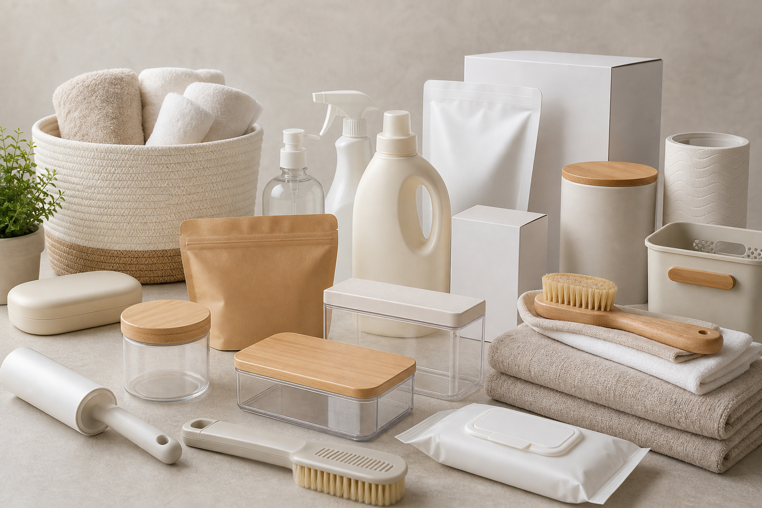 Assorted home goods products with clean packaging ready for private label and OEM branding