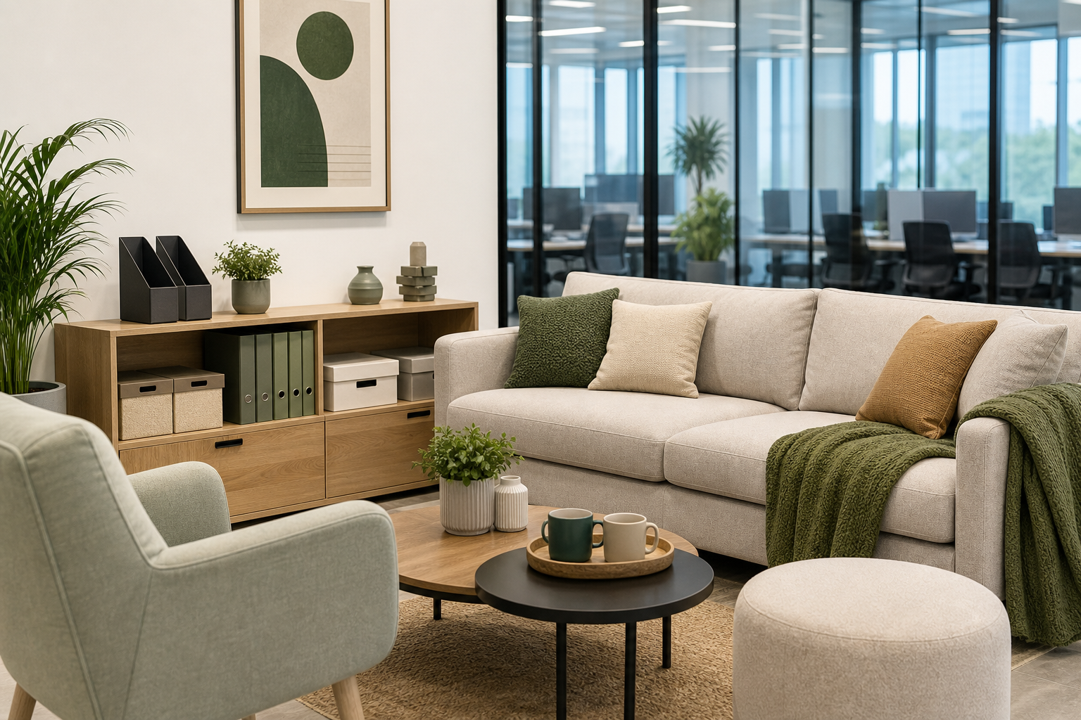 Contemporary office lounge with soft furnishings, decor accents, and storage solutions