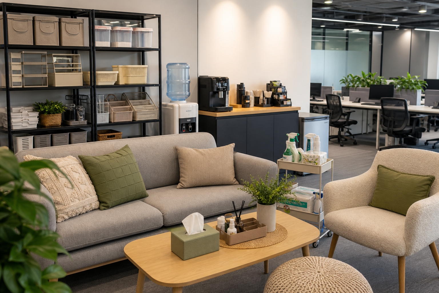 Corporate office rest area with soft furnishings, organizers, and cleaning supplies neatly arranged