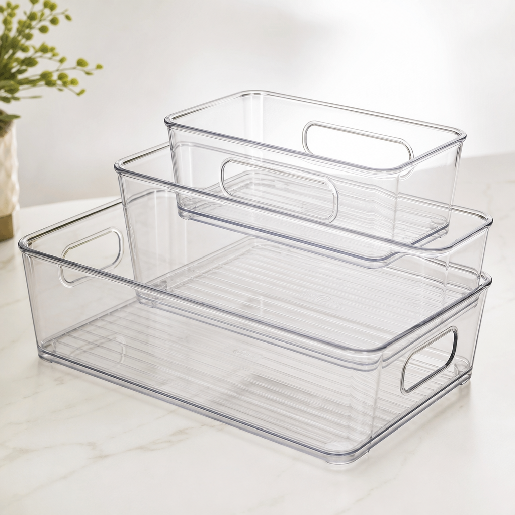 Clear refrigerator and pantry storage boxes with built-in handles