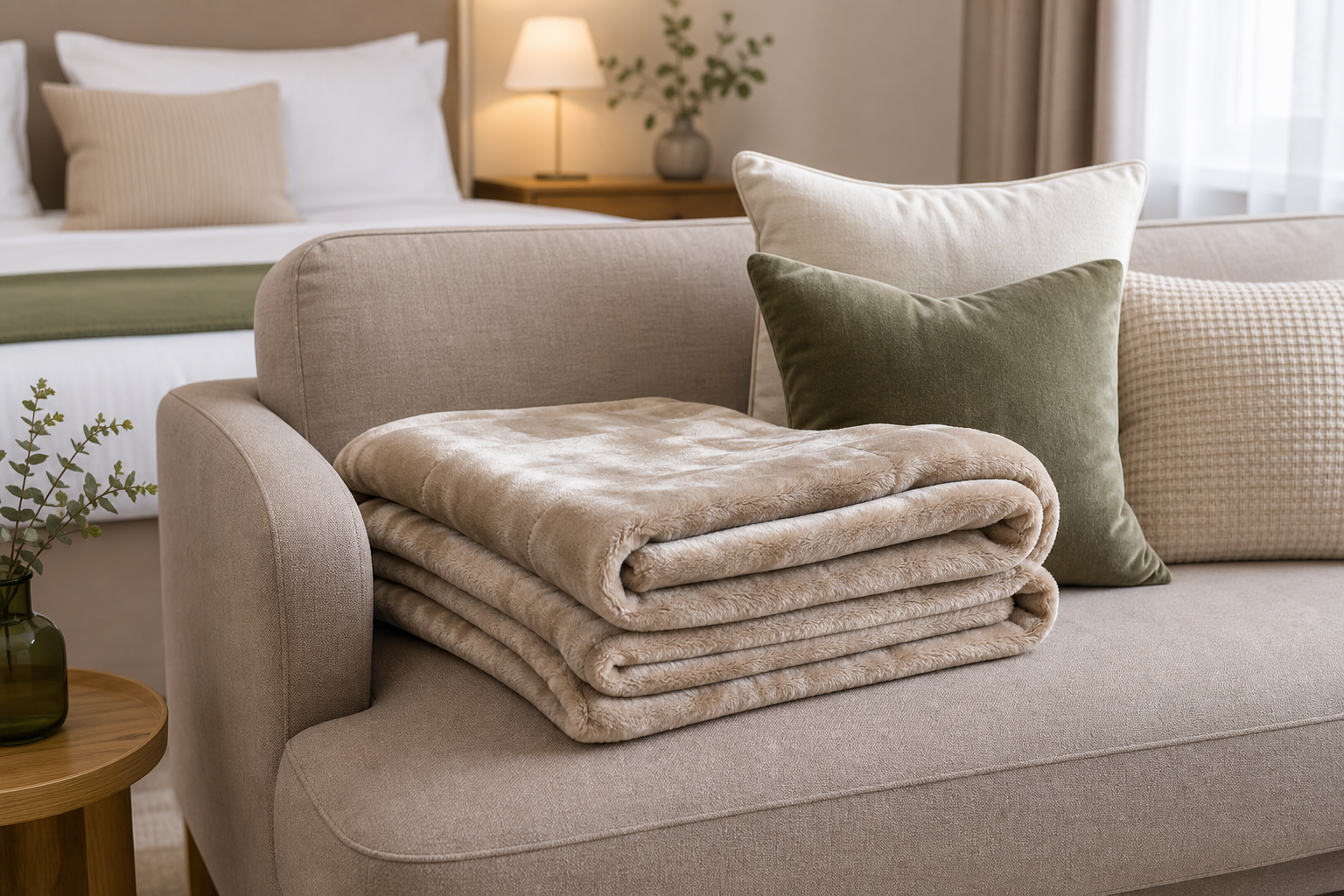 Soft plush blanket folded on a sofa with coordinating pillows in a guest room
