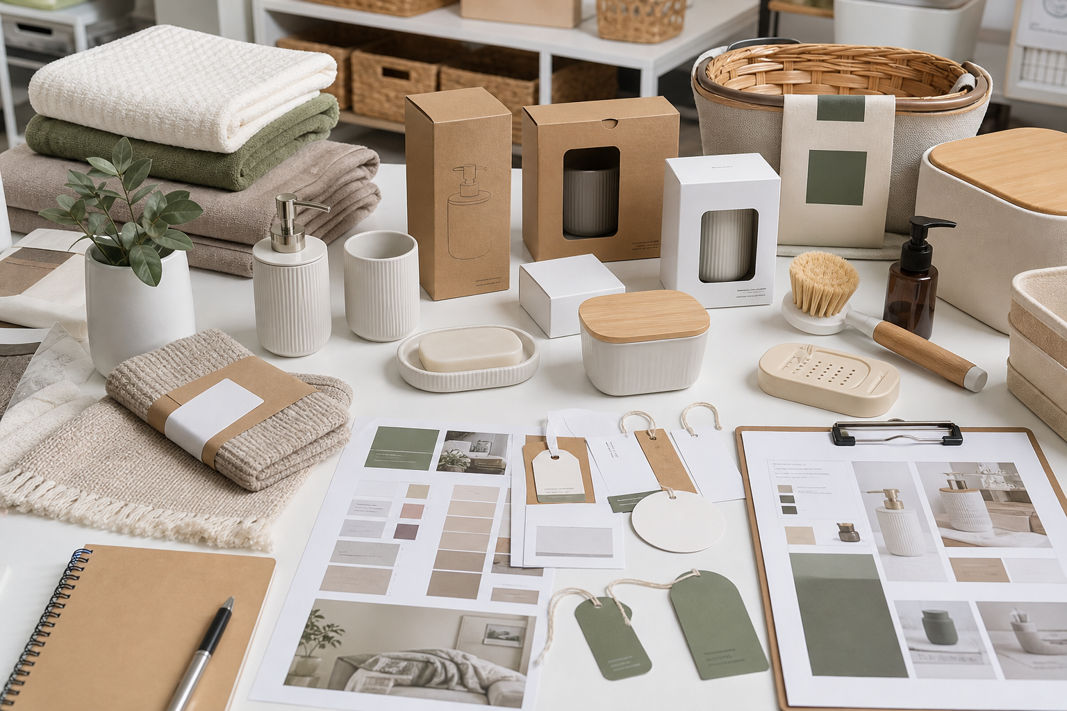 Product development workspace with labeled samples, packaging, and home goods prototypes