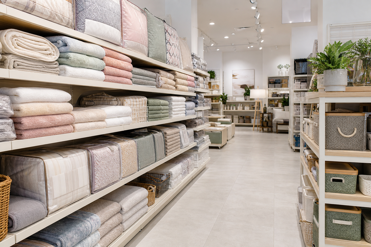 Bright retail home goods store aisle with neatly stocked textiles, organizers, and decor items