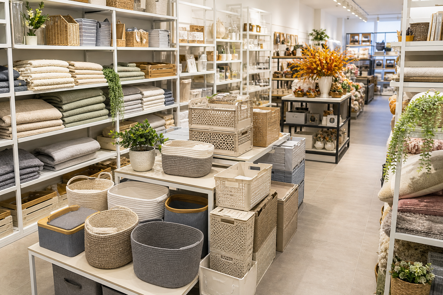Retail home goods store shelves with neatly displayed home storage items, textiles, and seasonal decor