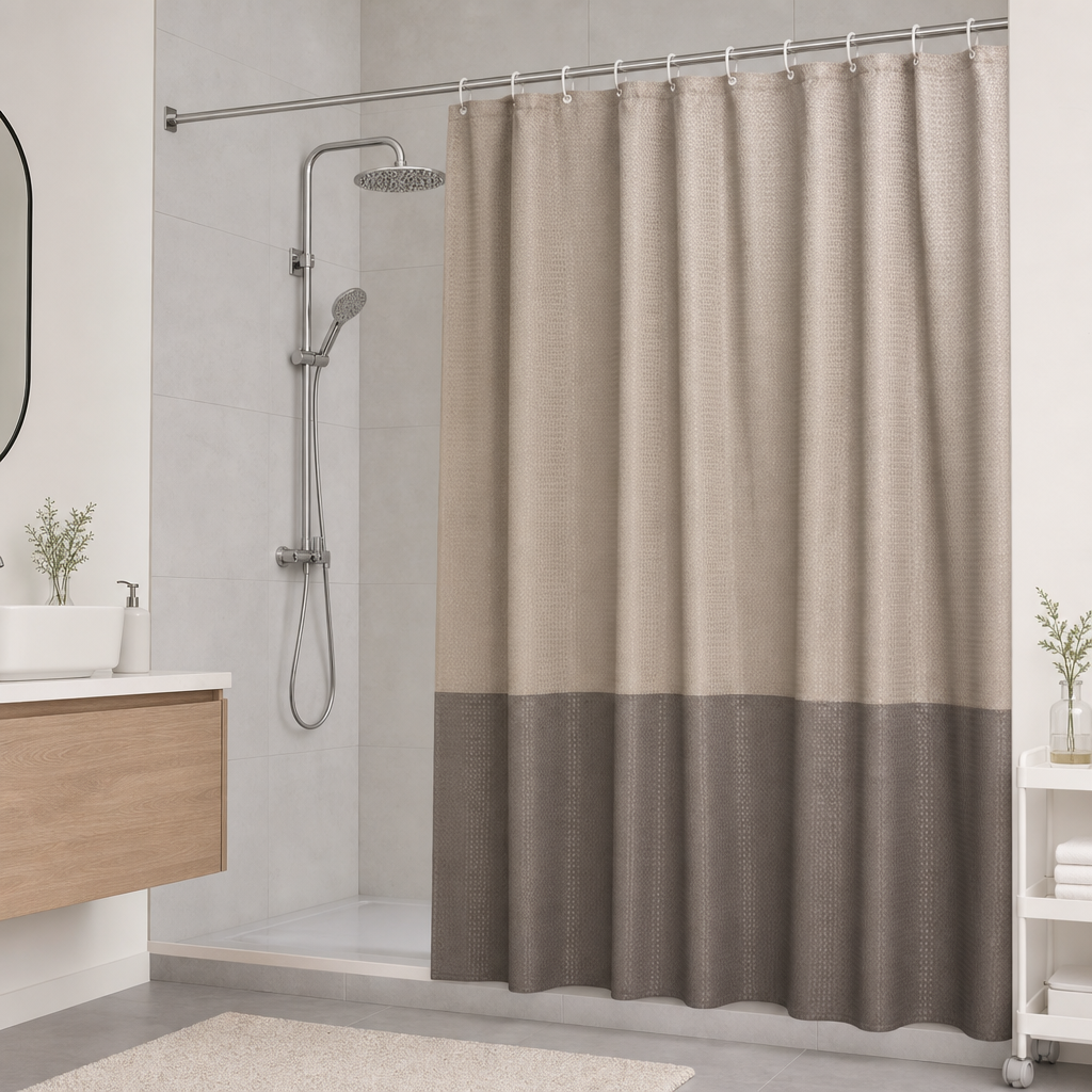 Realistic bathroom scene showing a waterproof shower curtain set in soft neutral tones with matching hooks