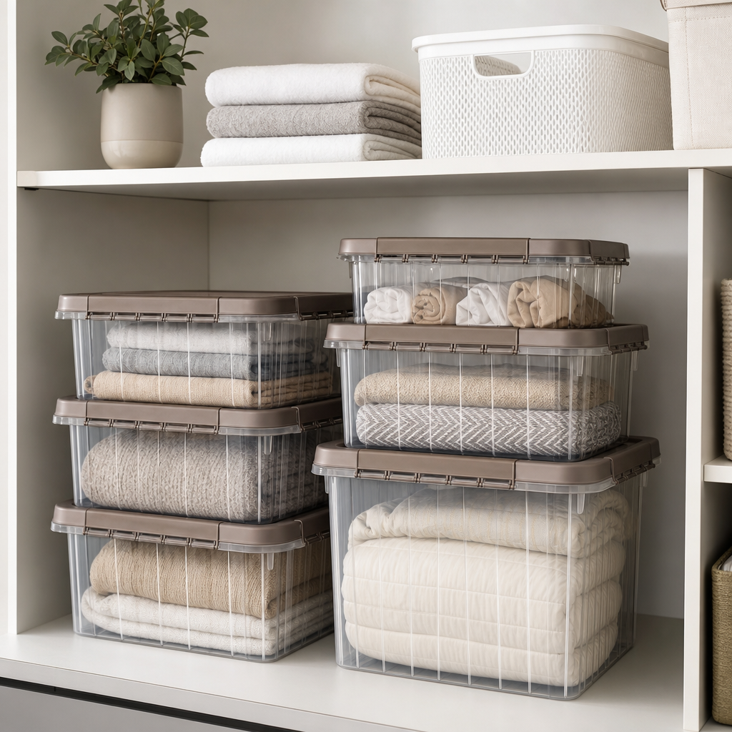 Stacked translucent storage boxes with taupe lids on a clean shelf