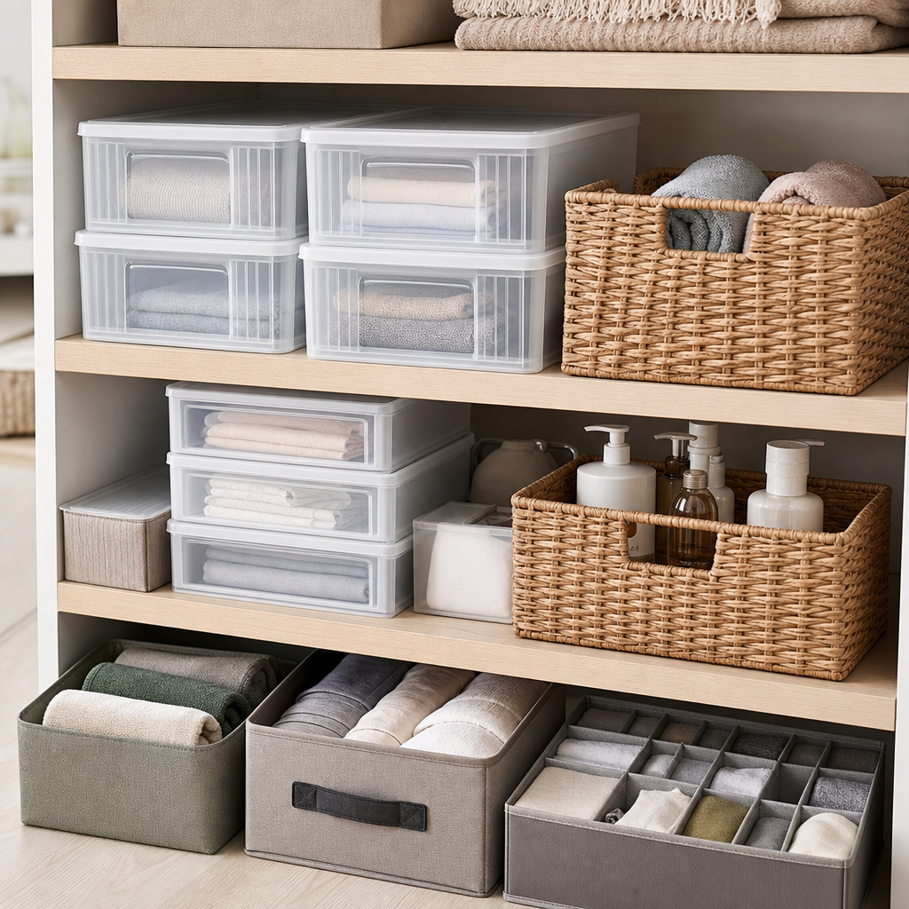Assorted home storage organizers including stackable plastic bins, woven baskets, and drawer dividers in muted tones