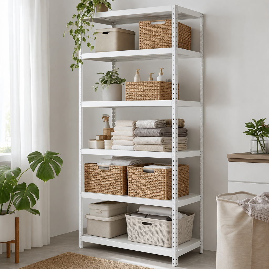 Tall white metal storage rack with woven baskets and folded textiles