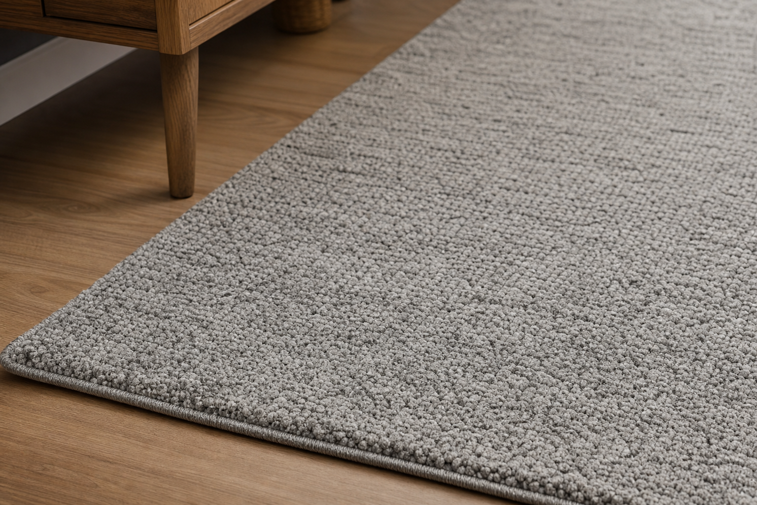 Thick woven rug in light gray on hardwood flooring with soft texture