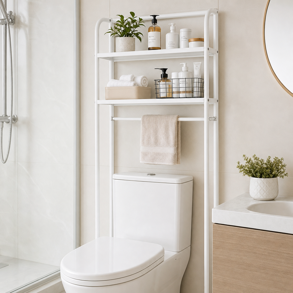 Compact toilet storage shelf unit in white with two tiers and integrated towel bar