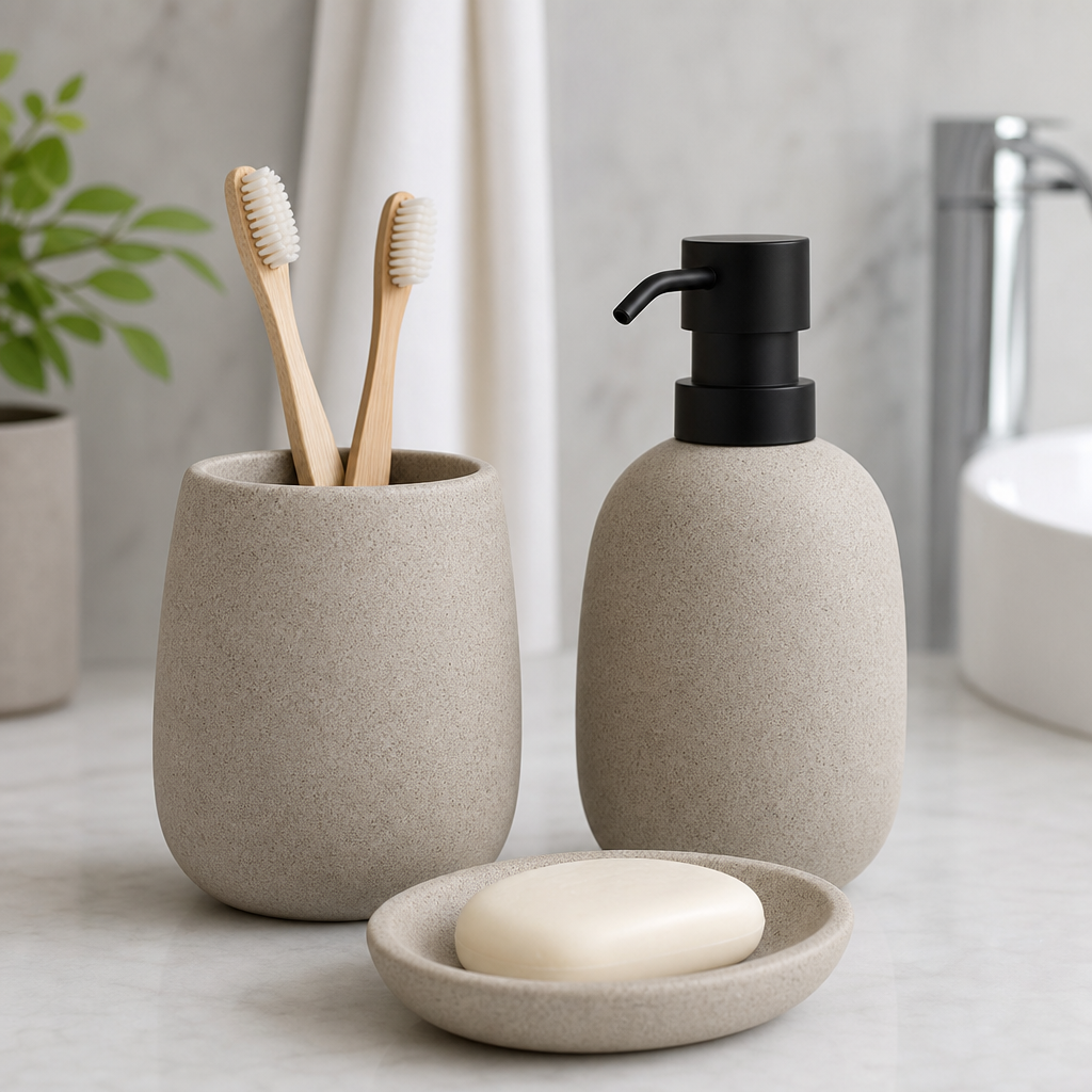 Toothbrush holder and soap dispenser set in matte stone finish with pump bottle