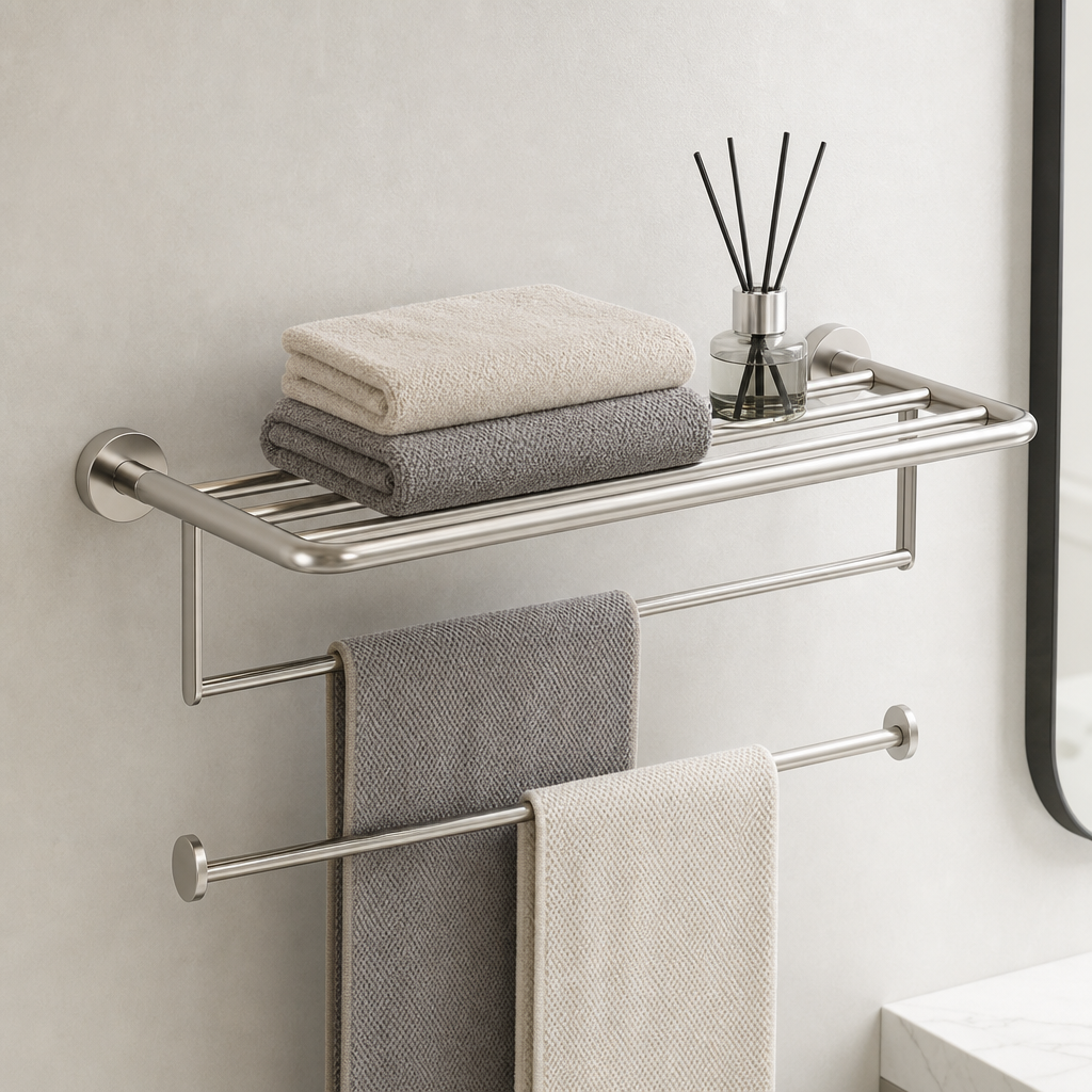 Modern wall-mounted towel rack in brushed metal with two rails and compact shelf