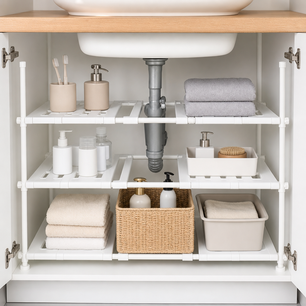 White under-sink bathroom organizer shelves with adjustable tiers