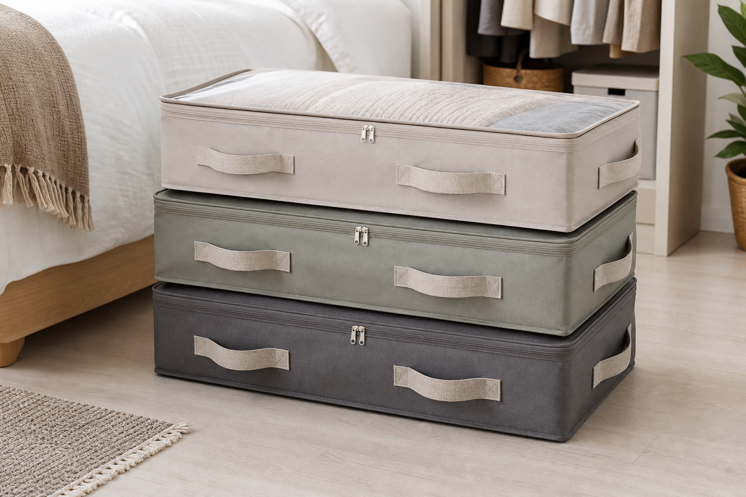 Zippered fabric under-bed storage bags neatly arranged on a light floor
