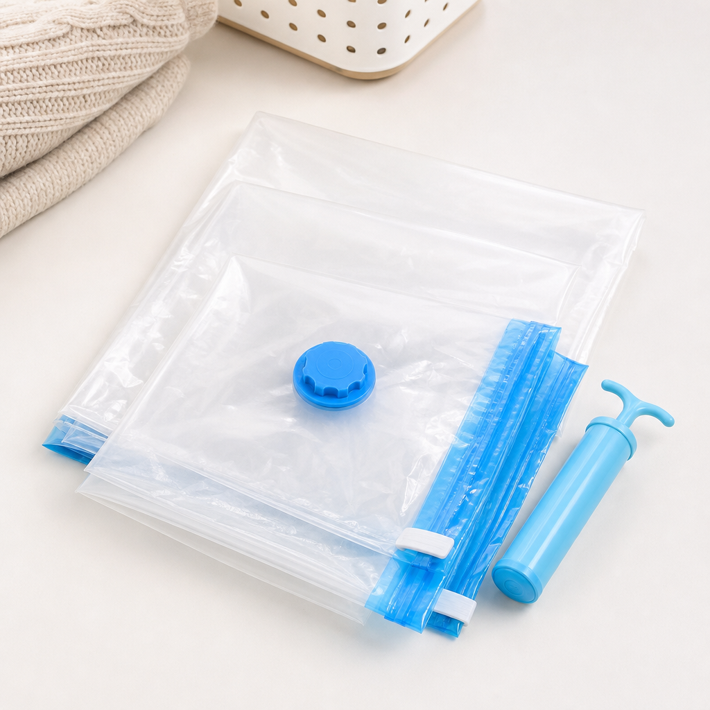 Set of transparent vacuum compression storage bags with blue valve
