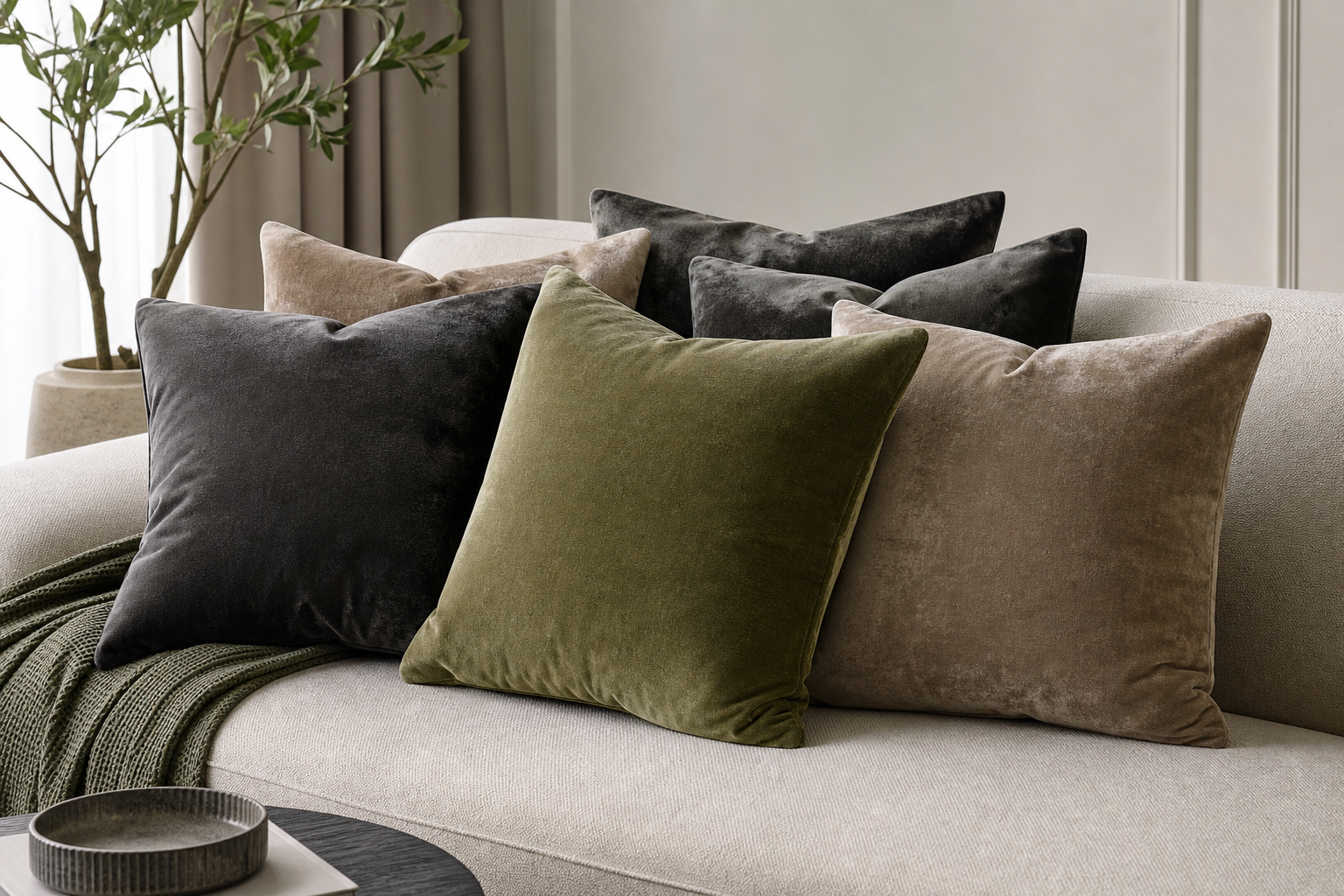 Assorted velvet throw pillows in olive, taupe, and charcoal on a sofa