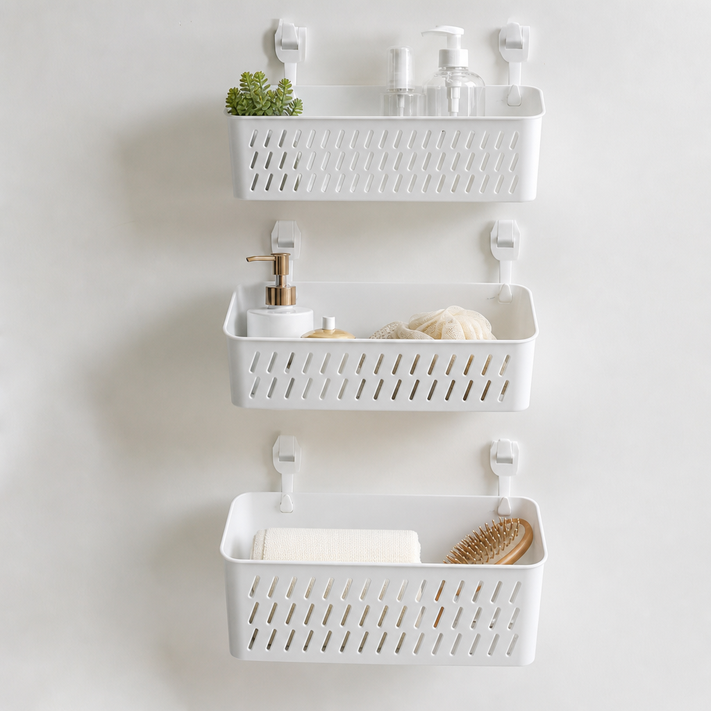 Set of white wall-mounted hanging storage baskets with hooks