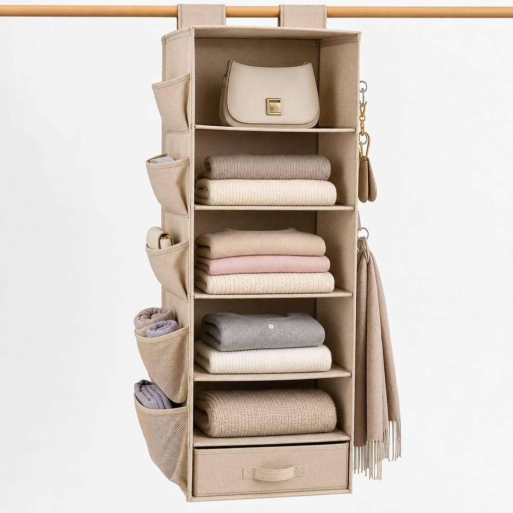 Beige wardrobe hanging clothes organizer with multiple fabric shelves