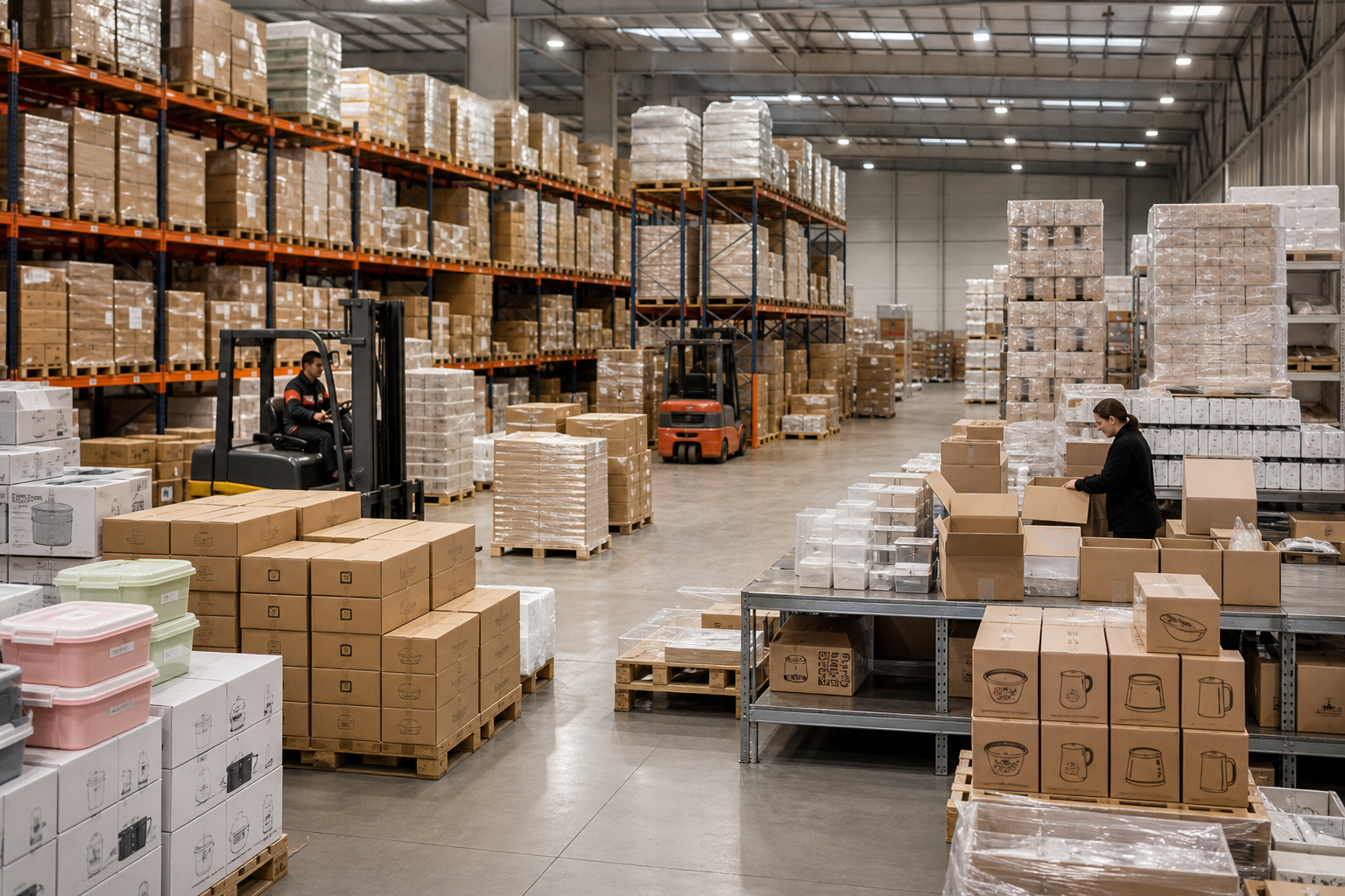 Modern wholesale distribution warehouse with bulk household goods pallets and packing stations
