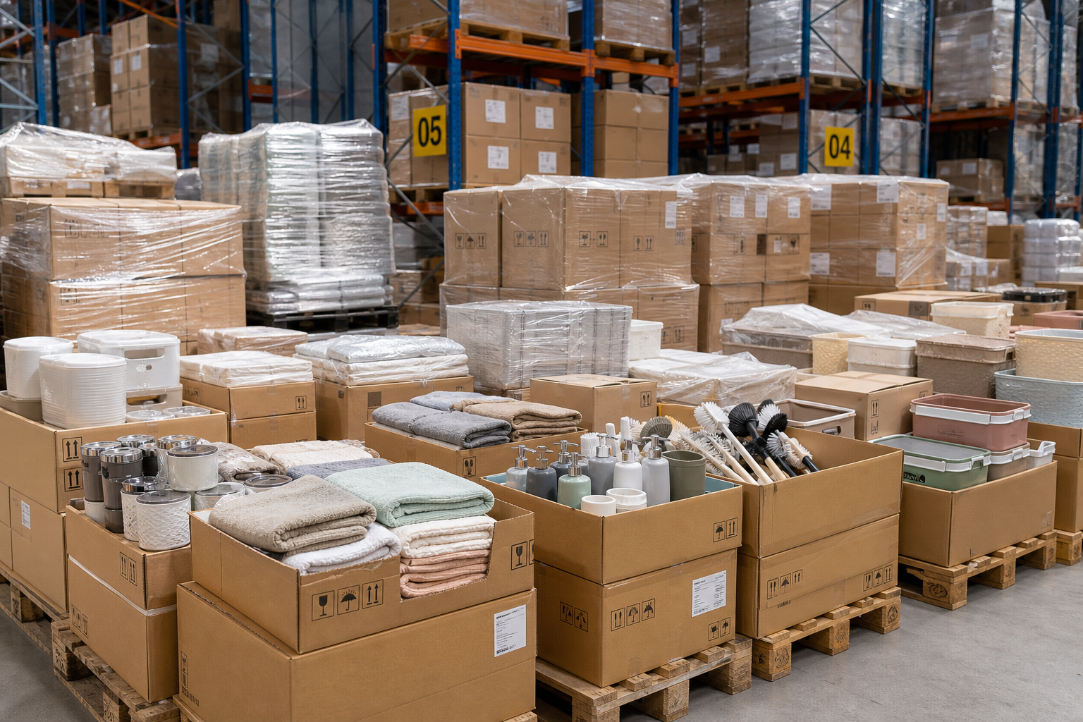 Warehouse pallets with bulk cartons of household goods ready for distribution