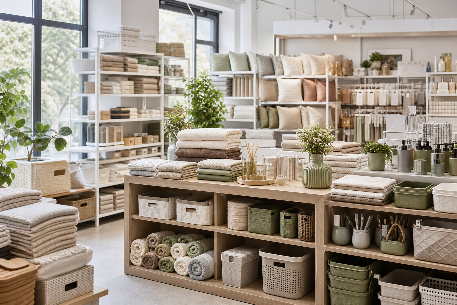 Bright European wholesale home goods showroom with neatly arranged textiles, storage organizers, and decor items