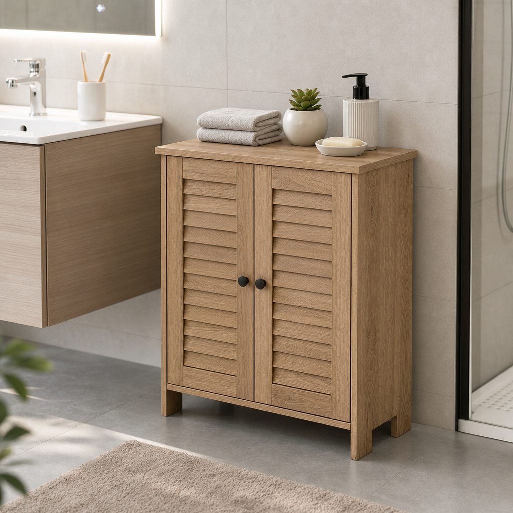 Compact wooden bathroom storage cabinet with two doors and warm oak finish
