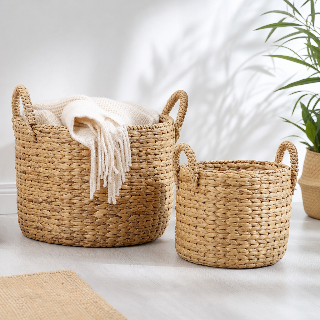 Set of natural rattan sundries storage woven baskets
