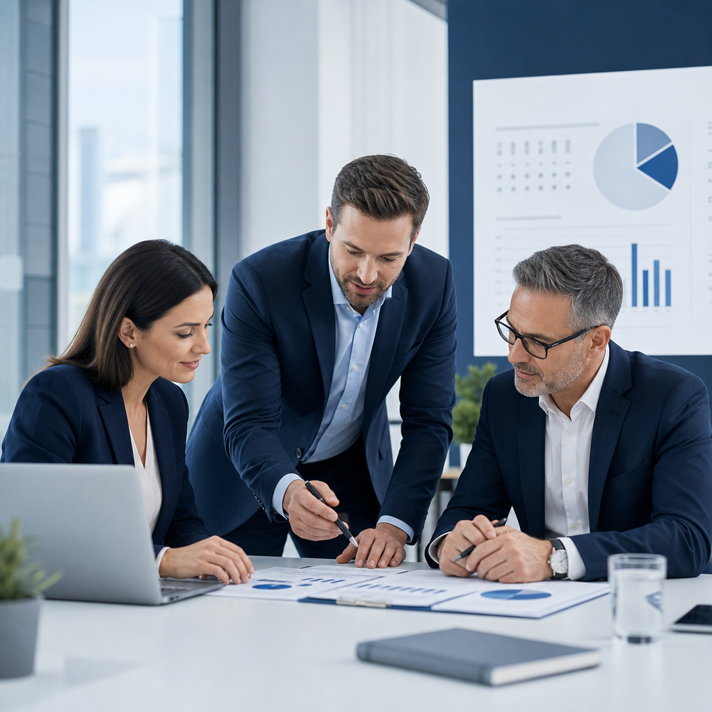 Abstract business consulting illustration with connected charts, directional flow lines, and structured planning blocks