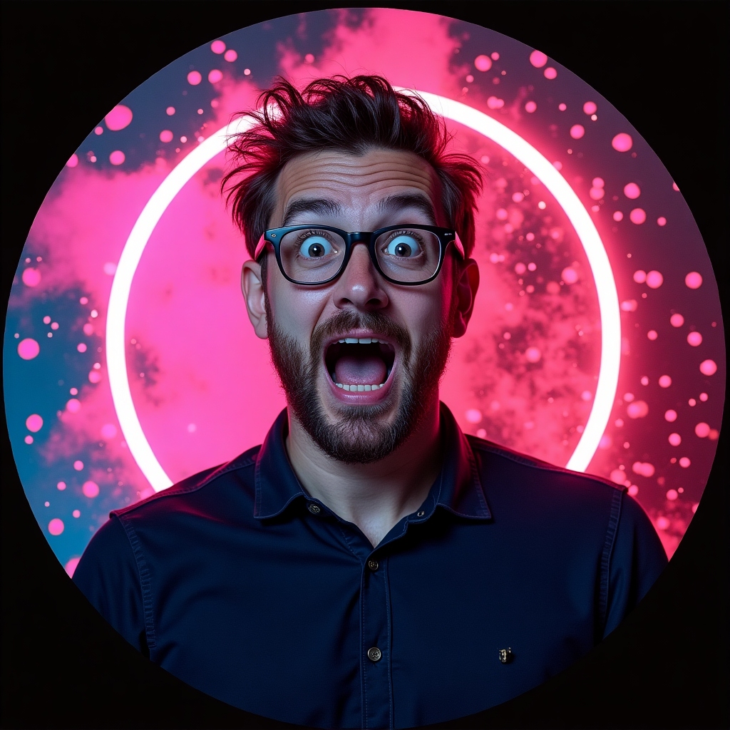 Critic portrait: surprised sports writer, neon splashes