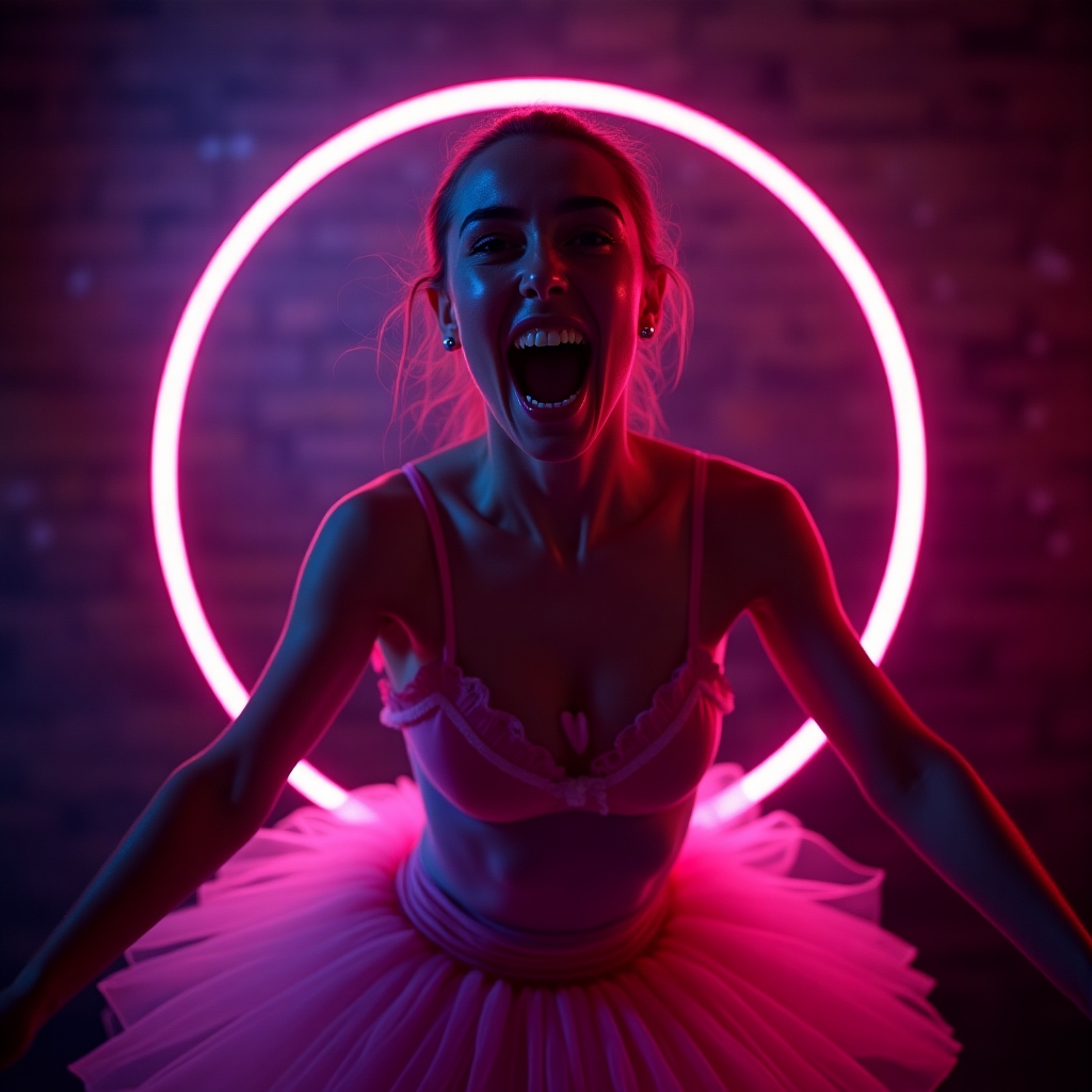 Fan portrait: excited ballet fan with neon lights