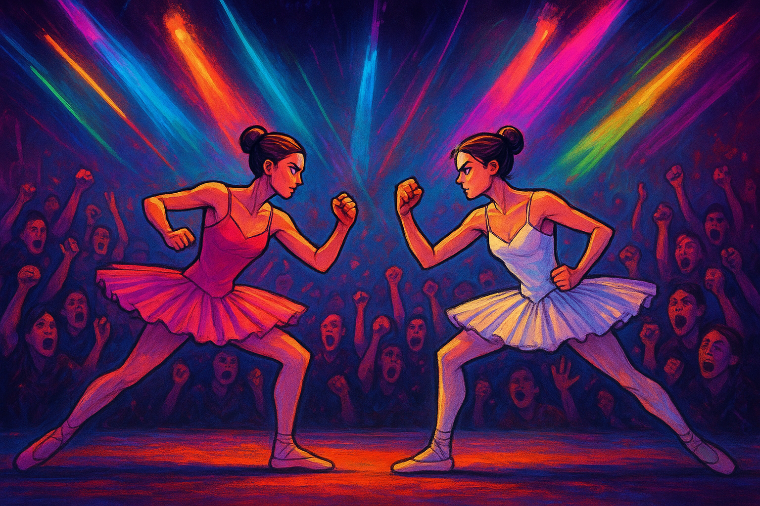 Energetic stage scene with ballerinas in combat stances, colorful neon spotlights and dramatic crowd