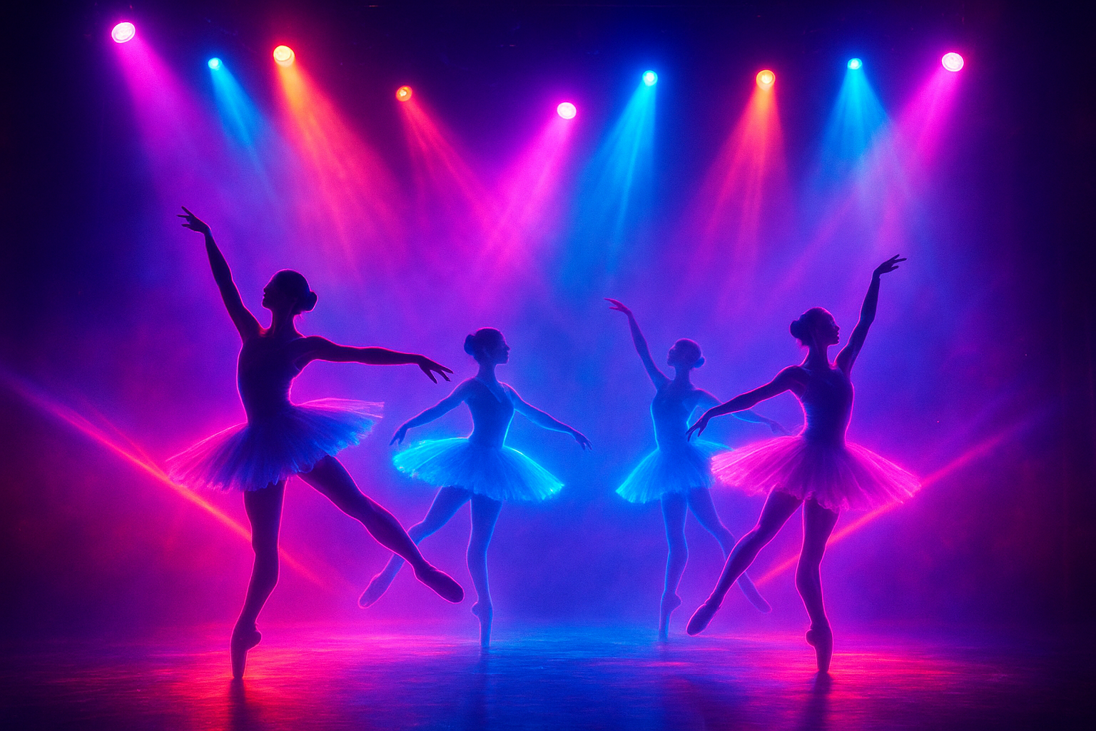 Stage with intense neon lighting, ballerinas leaping in silhouette, vibrant energy and motion
