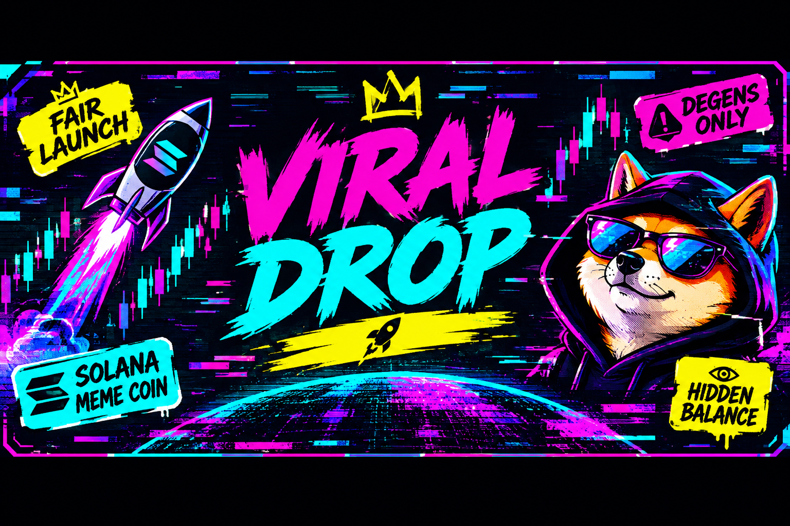 Wide neon meme banner placeholder panel with glitch bars, chart line motif, and bold text indicating upcoming viral drop