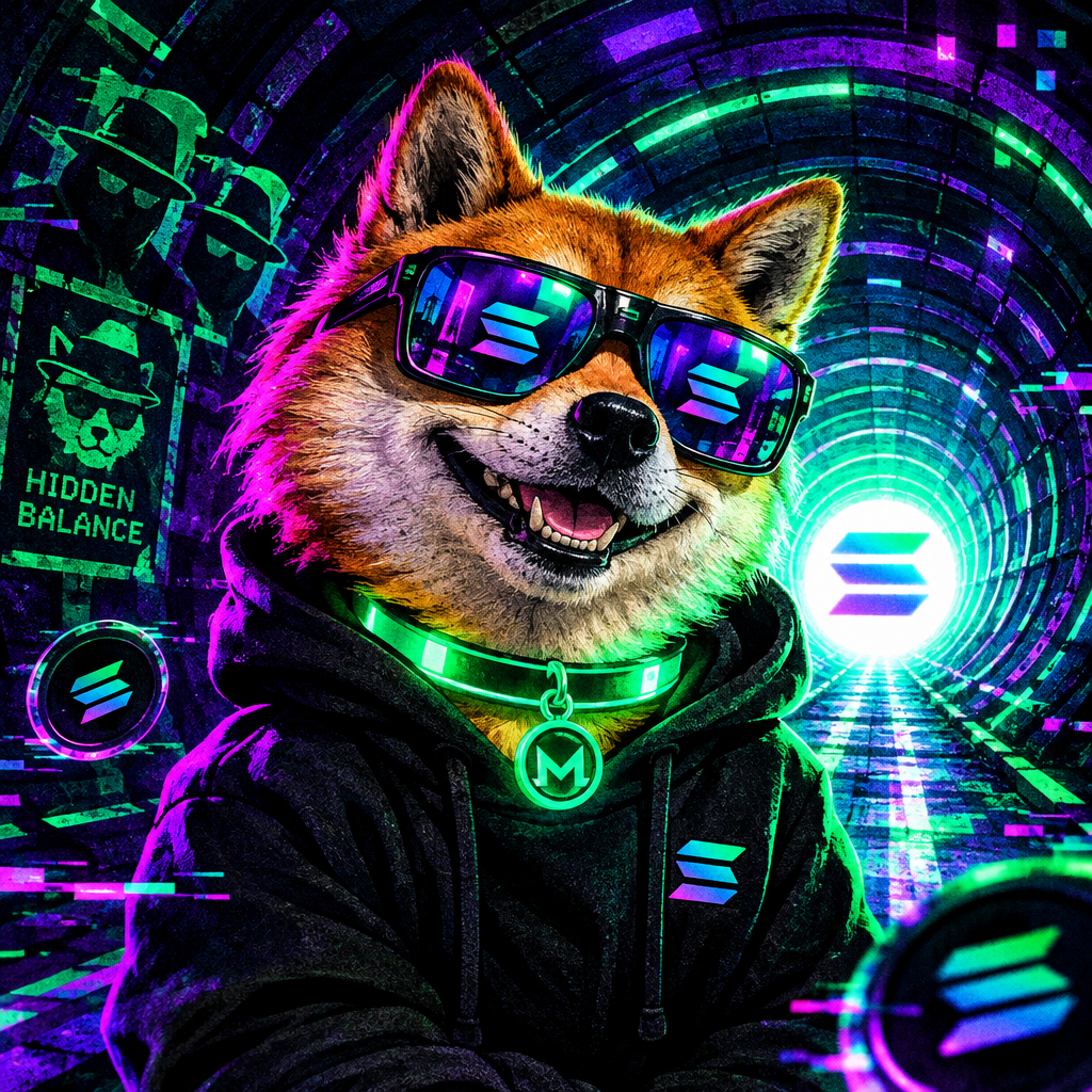 Chaotic Monero Inu mascot with a mischievous grin, neon collar, and glitchy privacy-tunnel backdrop