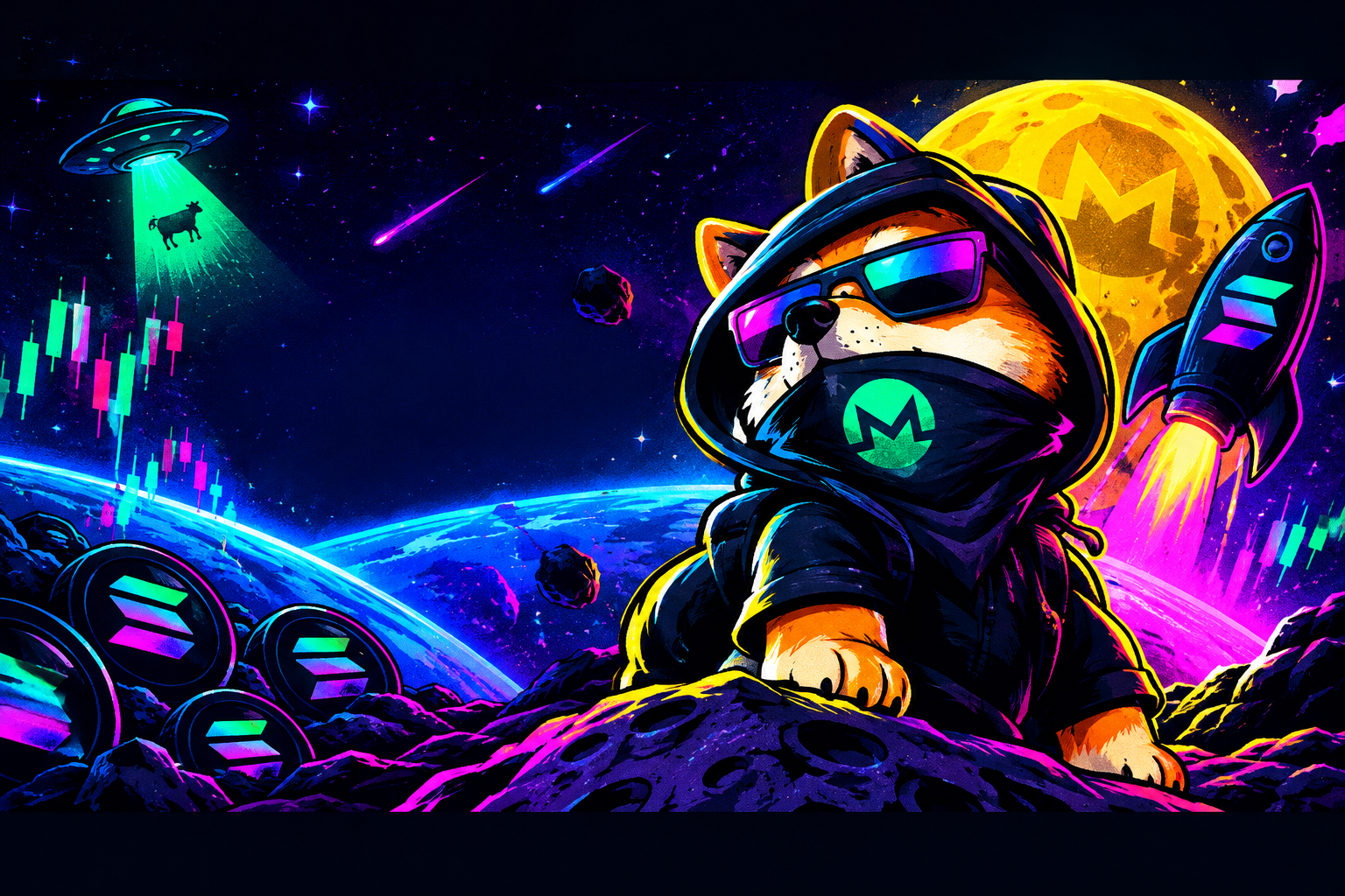 Wide horizontal meme banner placeholder with high-contrast neon crypto poster styling and space for future launch artwork