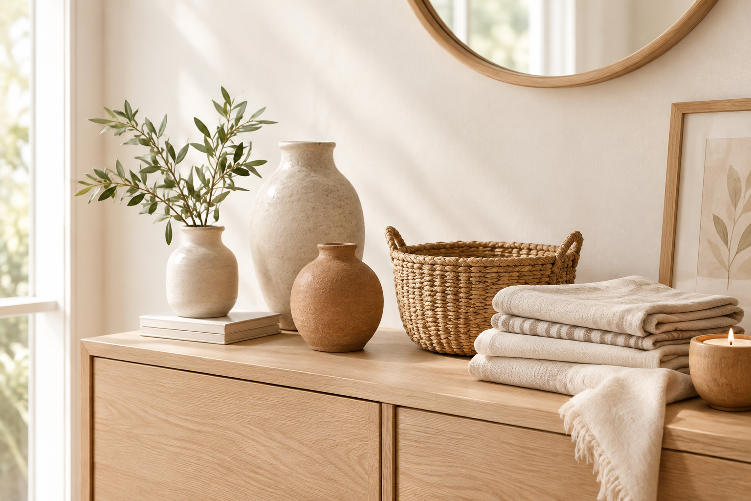 Styled composition of handcrafted ceramic vases, a woven basket, linen textiles, and wood accents in a bright calm interior
