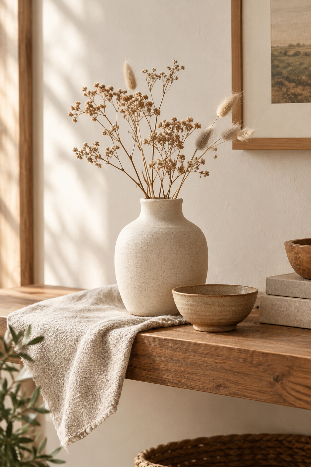 Softly lit handmade decor vignette with linen textiles, a ceramic vase, and warm wooden accents on a cozy styled shelf