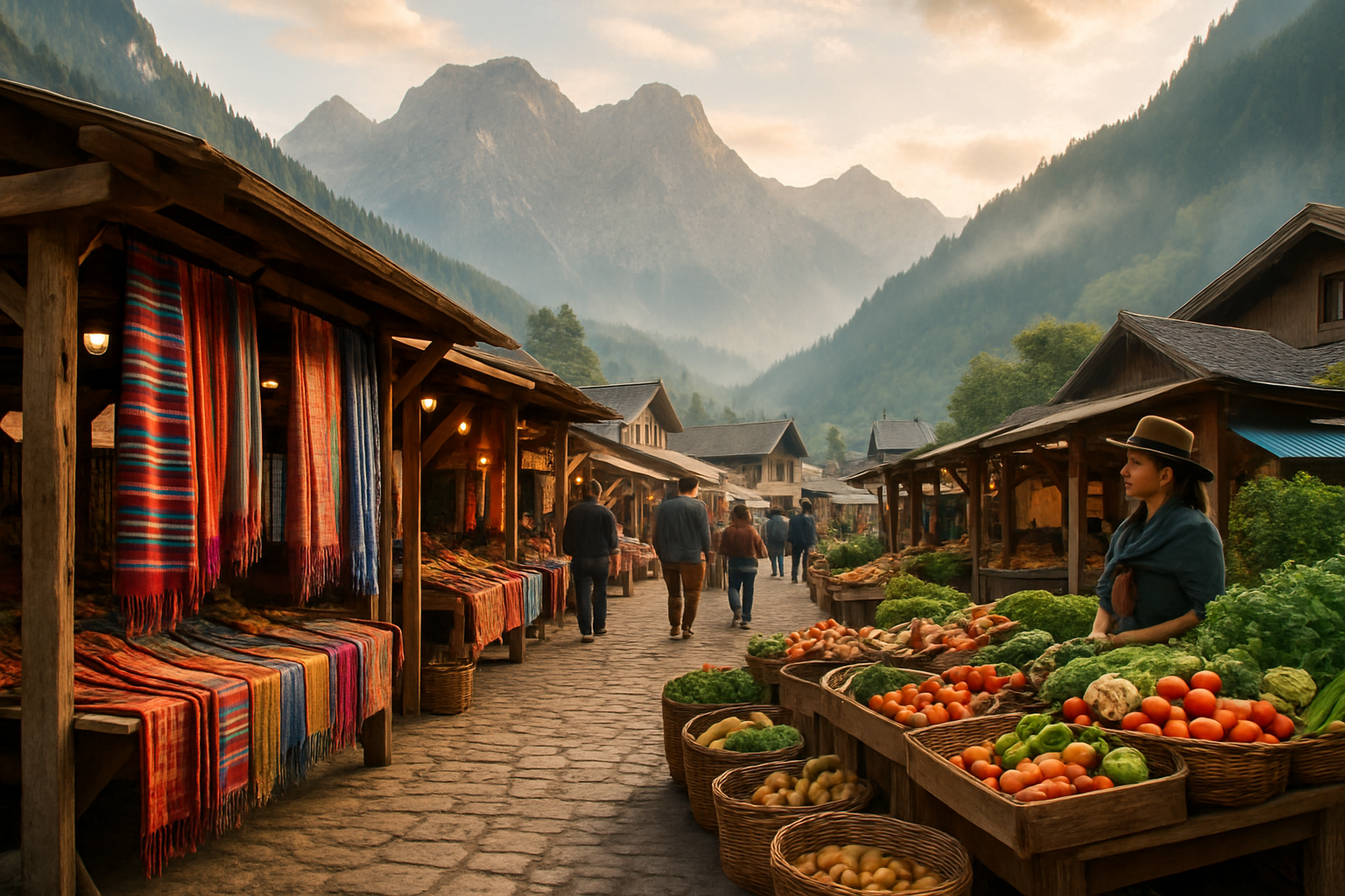 Lively alpine village market with wooden stalls, colorful textiles, and misty mountains in the background