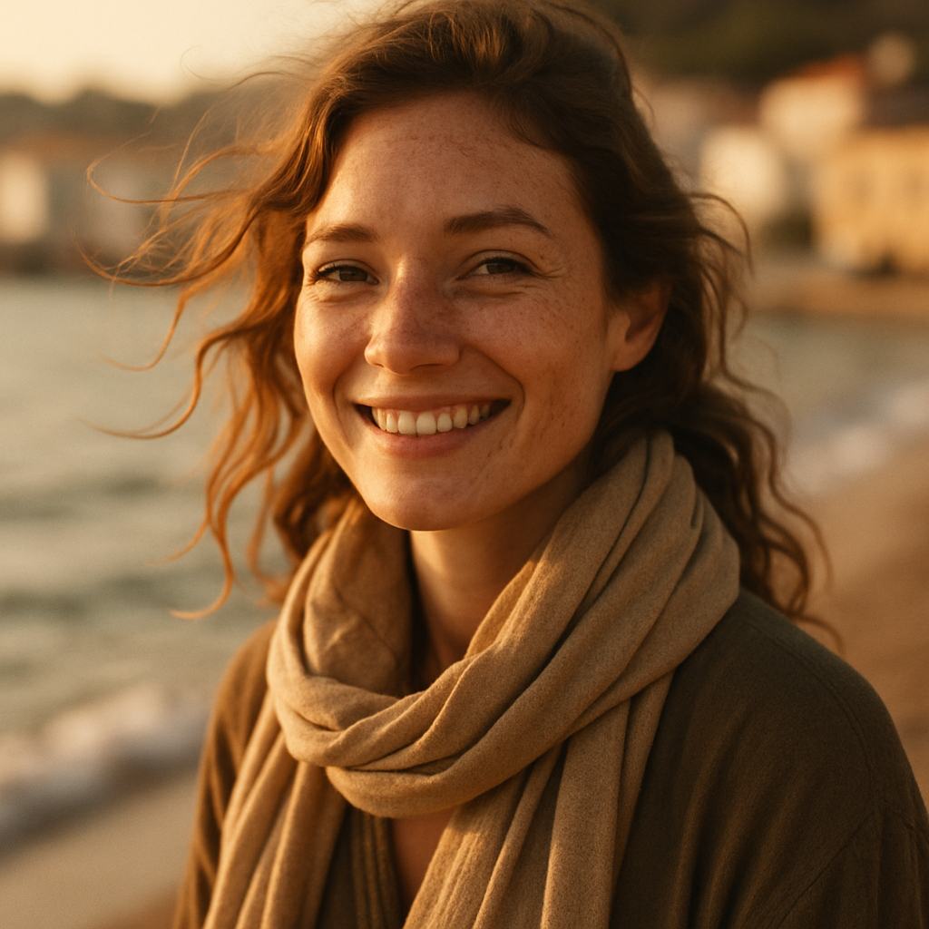 Portrait of a smiling woman with sunlit freckles and a sand-colored scarf, photographed outdoors by a coastal town