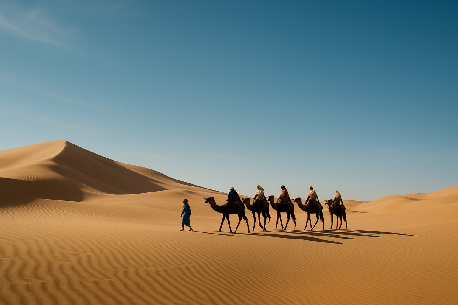 Small caravan of travelers and camels crossing pale golden desert dunes under a vast blue sky