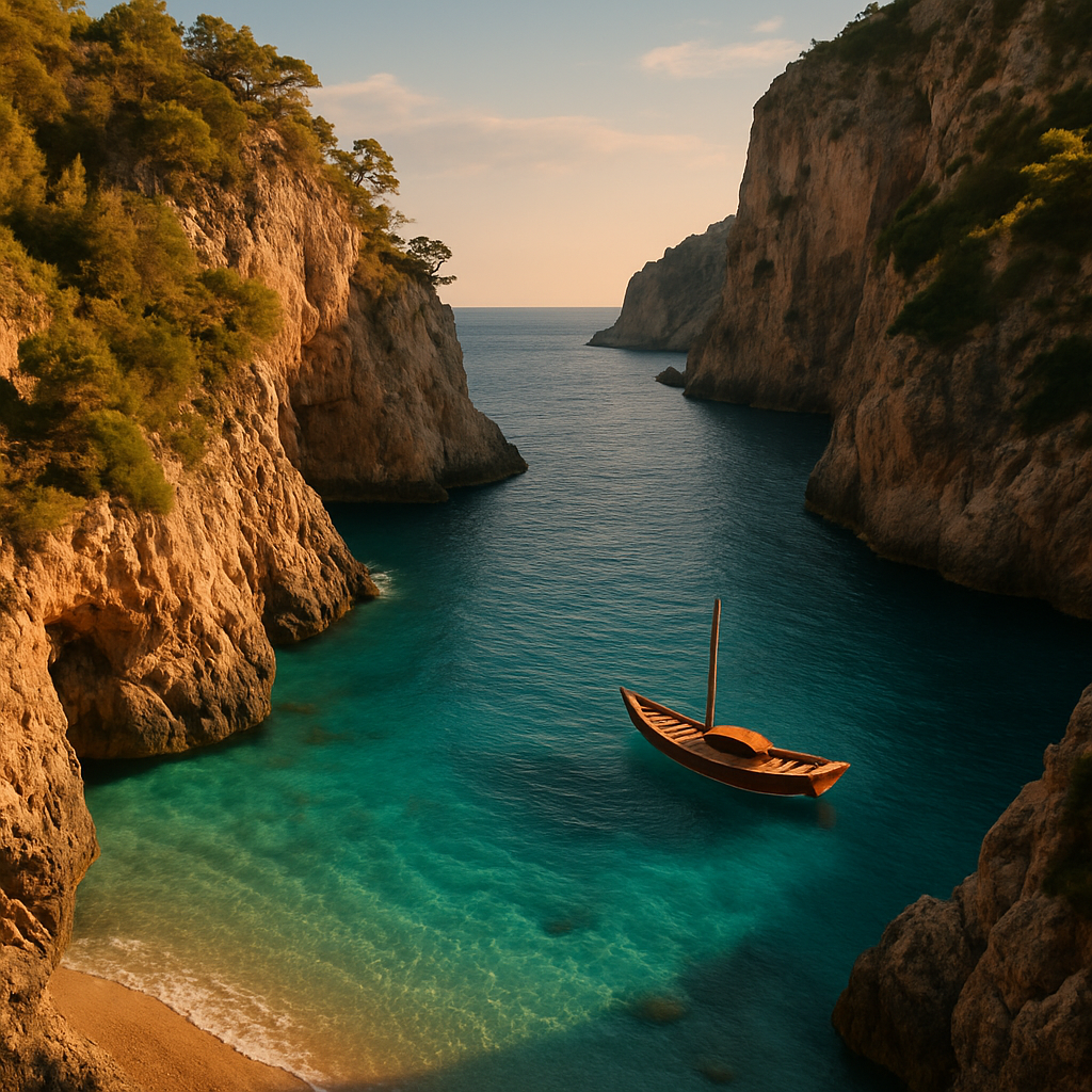 A secluded turquoise cove with a small wooden boat and rugged cliffs under golden morning light